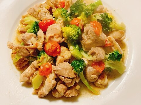 にんにく香る〜鶏肉、ブロッコリー、ミニトマトの炒め